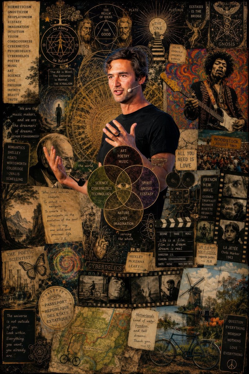Jason Silva speaking on stage, surrounded by a collage of philosophers, film reels, and the iconography of the Ecstatic States