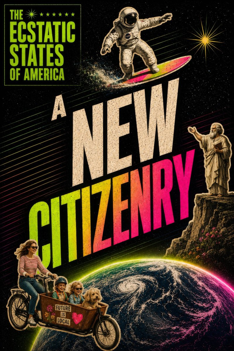 Chapter poster: A New Citizenry — astronaut surfing above Earth, a philosopher on a cliff, a family on a cargo bike