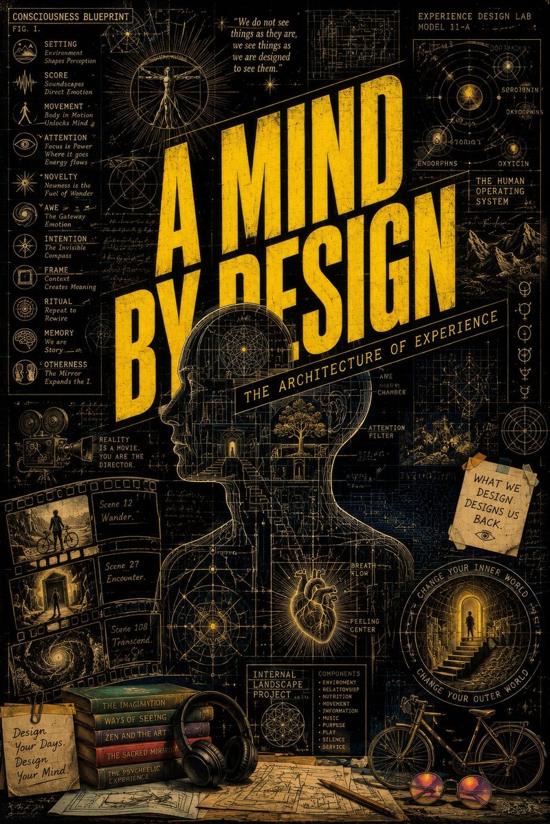 Chapter poster: A Mind by Design, The Architecture of Experience — golden blueprint of a head filled with stairways, a tree, and a heart