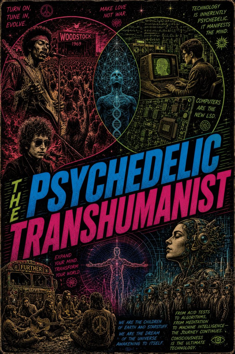 Chapter poster: The Psychedelic Transhumanist — Woodstock and Hendrix meet circuit boards and VR crowds in neon engraving