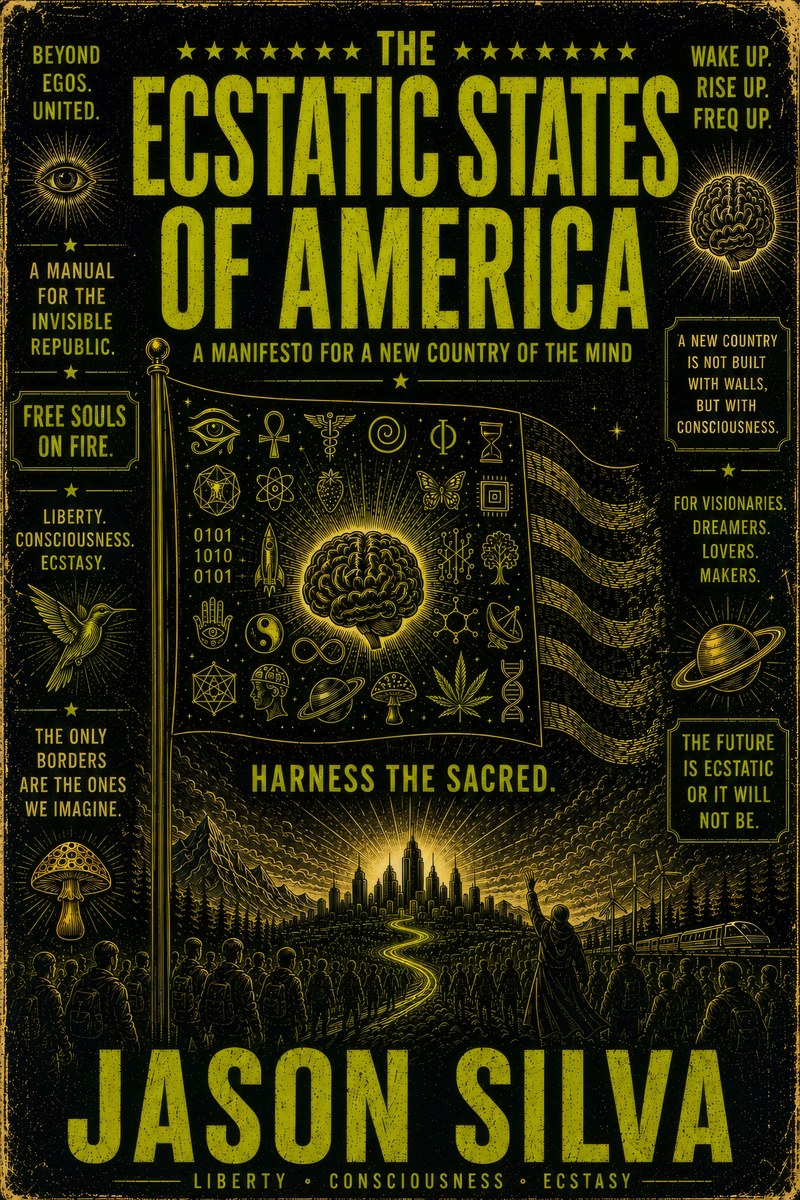 Front cover of The Ecstatic States of America by Jason Silva — engraved chartreuse flag of symbols over a luminous city
