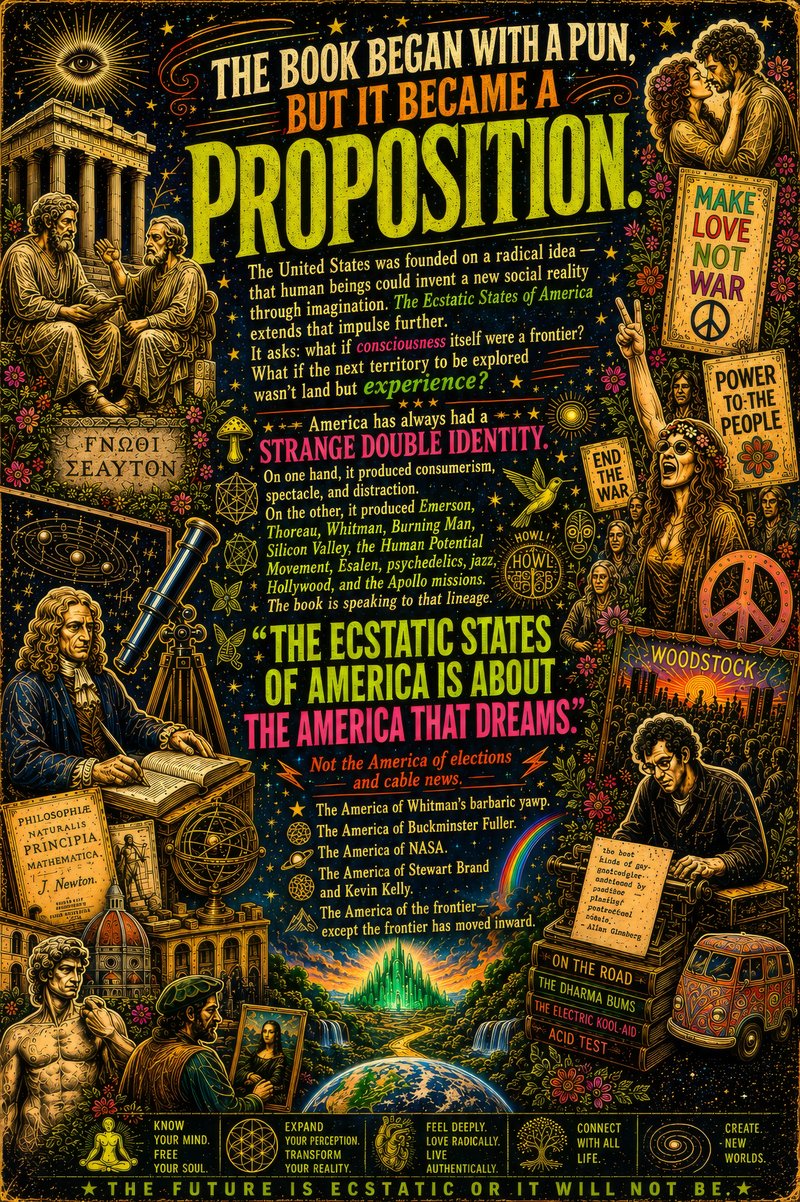 Illuminated manifesto poster: 'The book began with a pun, but it became a proposition' — Greek philosophers, Newton, Woodstock, Ginsberg at his typewriter, and the Emerald City on the horizon